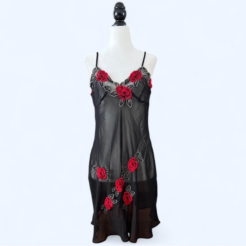 Black Sheer Mesh Slip Dress Red Embroidered Roses Lace Trim Medium